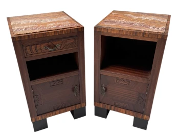 Two Art Deco Nightstands or Bedside Tables with Multi-Colored Marble Tops, 1930s